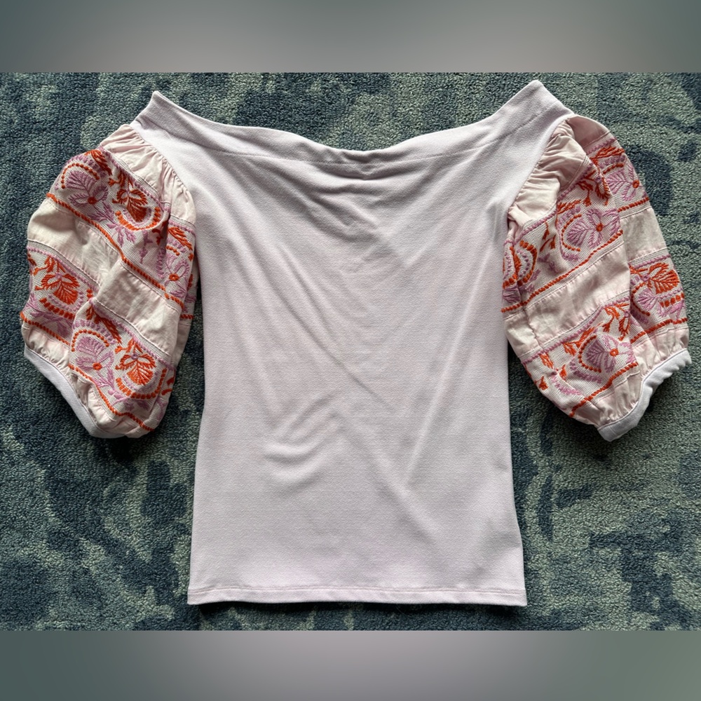 Free People Embroidered Puff Sleeve Off-the-Shoulder Boho Lavender Top, size XS
